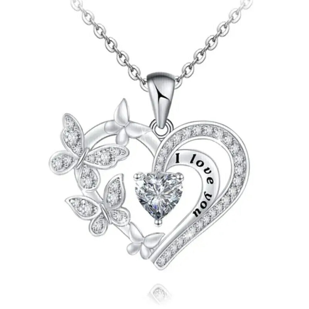 Heart Butterfly Pendant Necklace 18" w/ 2" extension